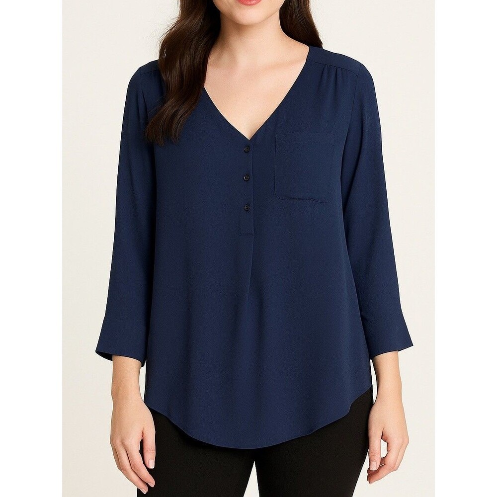 Fred David Women’s Blouse Sz Medium 3/4 Sleeve 3 Button Up Navy Blue